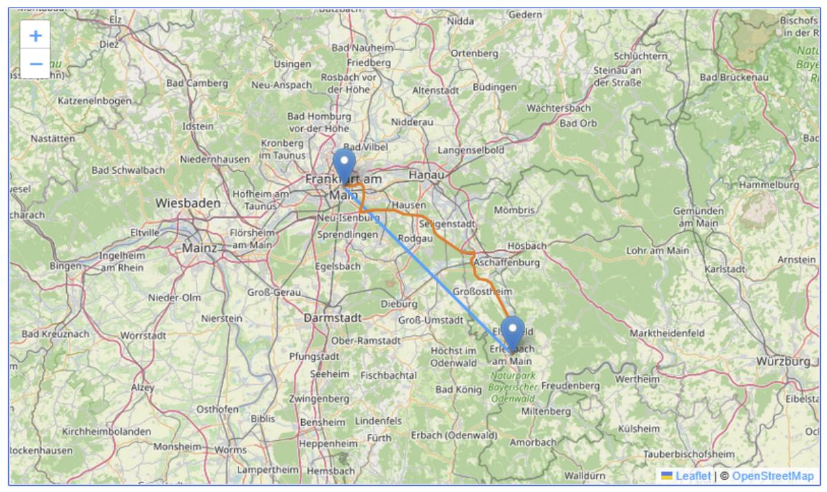Einzugsgebiet der Druckerei maincontor GmbH Erlenbach im Rhein-Main Gebiet rund um Frankfurt Eine Landkarte zeigt die Entfernung von Frankfurt am Main nach Erlenbach am Main als blaue Linie